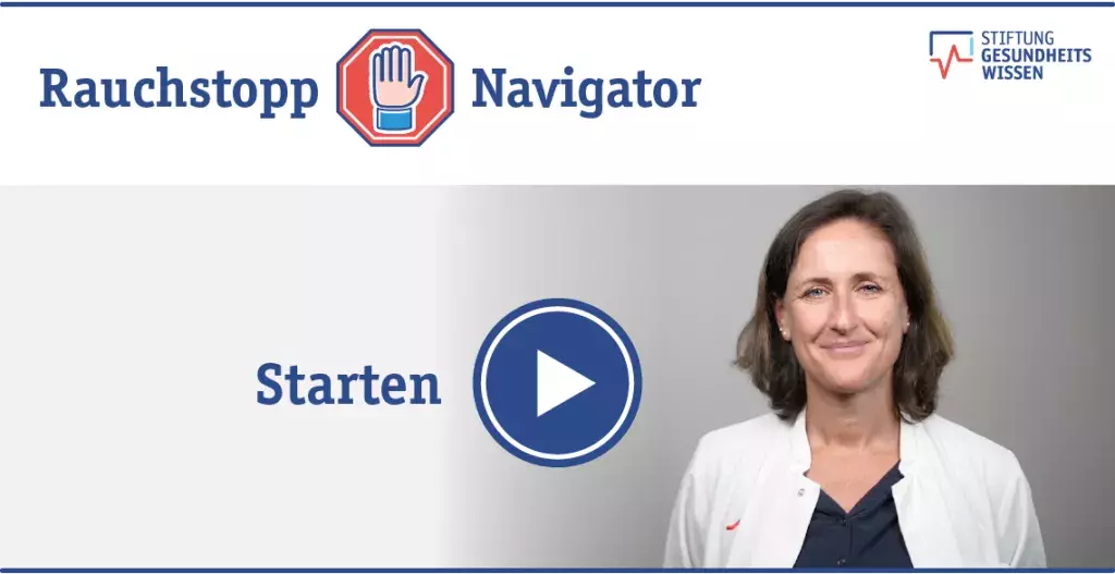 Startbild des Rauchstopp-Navigators mit Dr. Vitzthum. Beim Klick auf das Bild startet das interaktive Format.