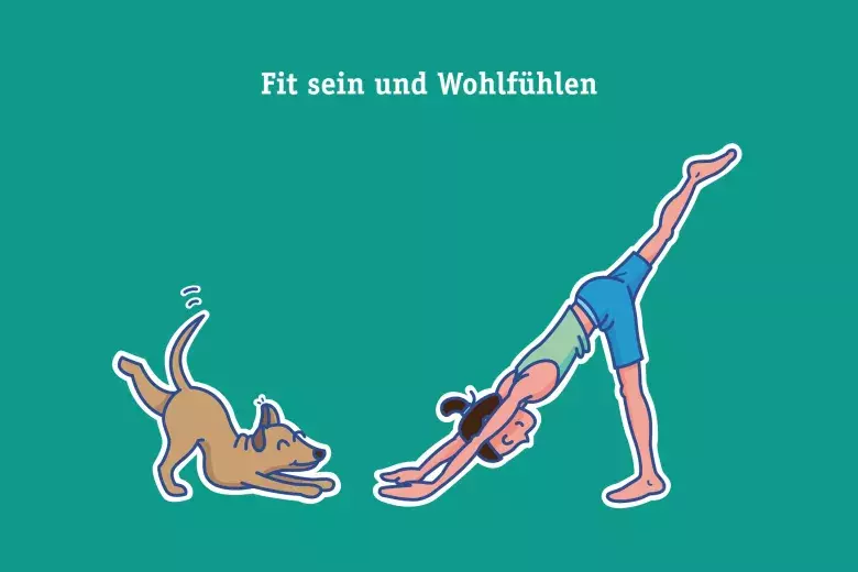 Die Grafik zeigt eine Frau, die mit ihrem Hund Yoga macht.