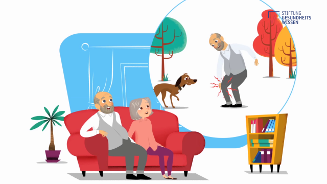 Zeichnung eines älteren Paares, das sich Gedanken um Arthrose macht. Beim Klick auf das Bild gelangen Sie zum Film über die Vorbeugung von Arthrose.