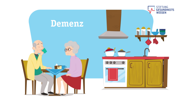 Zeichnung von einem älteren Paar am Küchentisch. Das Bild linkt auf den Film zum Thema Alzheimer Demenz
