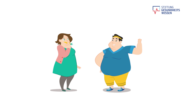 Zeichnung zweier übergewichtiger Figuren, die gesund leben wollen. Das Bild linkt auf den Film zu "Wie ungesund ist Adipositas"