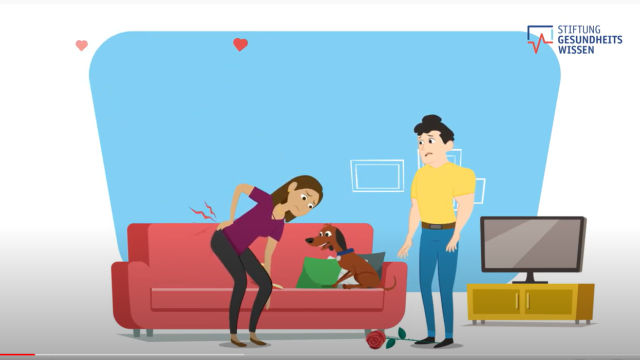 Grafische Darstellung: Frau mit Rückenschmerzen beim Aufstehen vom Sofa